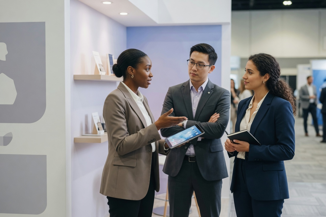 People talking at a conference booth
